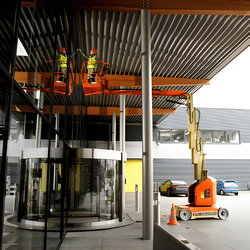 Piattaforma verticale telescopica elettrica da 12 metri durante un intervento in interno